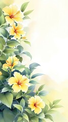 Obraz premium Beautiful watercolor illustration of yellow hibiscus flowers and green tropical foliage, green tropical leaves, art, nature