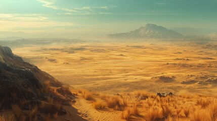 Naklejka premium Serene Desert Landscape with Golden Sands and Distant Mountains