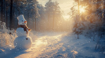 Fototapeta premium Snowman in Winter Forest with Sunlight and Snowfall at Dusk