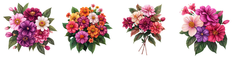 Obraz premium Vibrant and Colorful Fuchsia and Zinnia Flower Bouquet in Bold Garden Display Lush Vivid Floral Arrangement with Pink Purple and Orange Blooms and Green Foliage