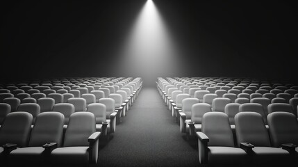 Obraz premium Empty movie theater with spotlight casting a solitary beam on the stage, symbolizing the power of imagination and the potential for new beginnings in a quiet, reflective space.