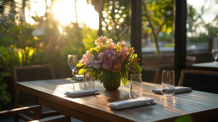 Table de salon avec bouquet de fleurs