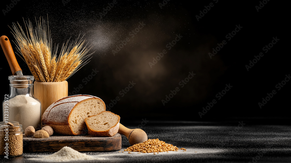 Poster freshly baked bread with wheat and flour on dark background, showcasing art of baking. scene capture