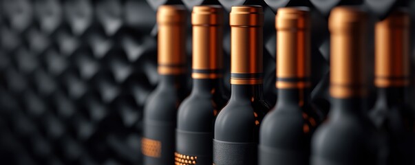 Obraz premium Elegant Close-up of Bottles with Unique Black and Orange Design Resting in Wine Rack Background