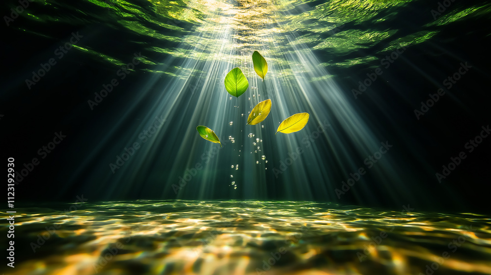 Poster floating green leaves in serene underwater scene with sunlight rays illuminating bubbles and water s