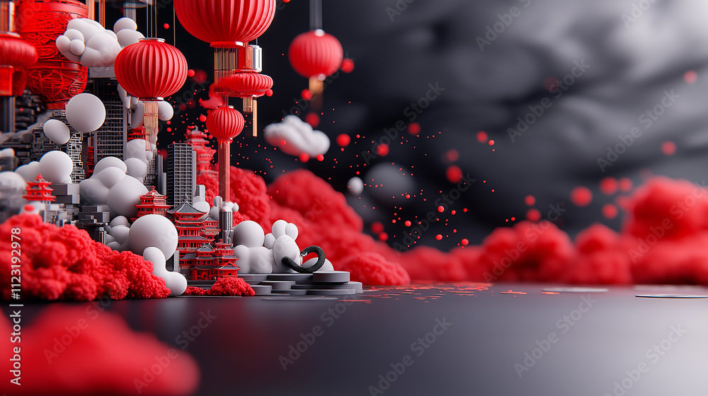 Fototapete vibrant abstract scene featuring red lanterns, clouds, and structures, creating dynamic atmosphere. 