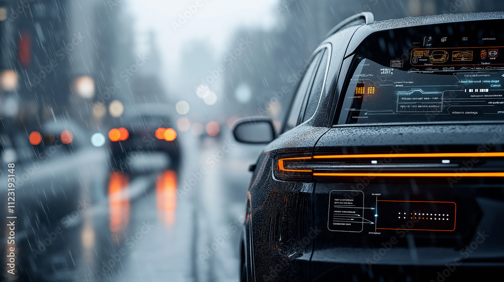 Poster high resolution image of autonomous vehicle in rainy urban setting, showcasing its sleek design and 