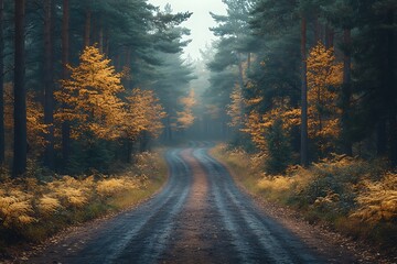 Fototapeta premium A beautiful view of the forest path surrounded by tall trees through a hole in late summer 