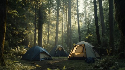 A group of tents set up in the forest for camping, surrounded by tall trees.