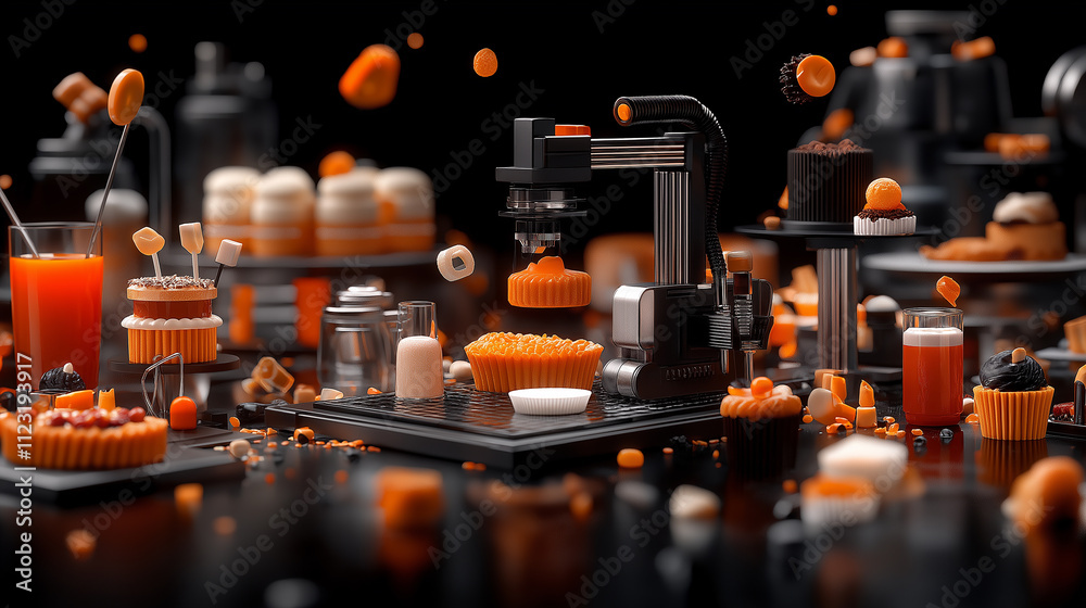 Poster vibrant automated bakery scene featuring colorful desserts and machinery, showcasing cupcakes, pastr