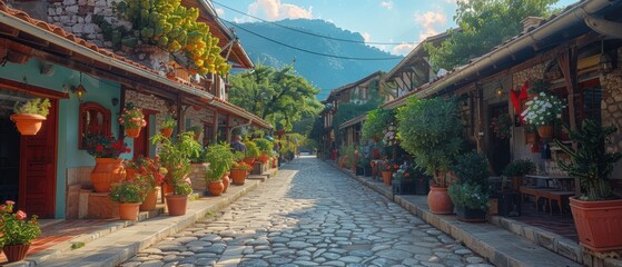 Fototapeta premium Picturesque Albanian Stone Street Cobblestone Road Flower Pots Mountain View Travel