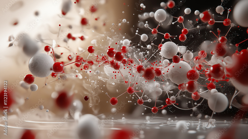 Poster artistic illustration of molecules in motion, showcasing vibrant red and white spheres interconnecte