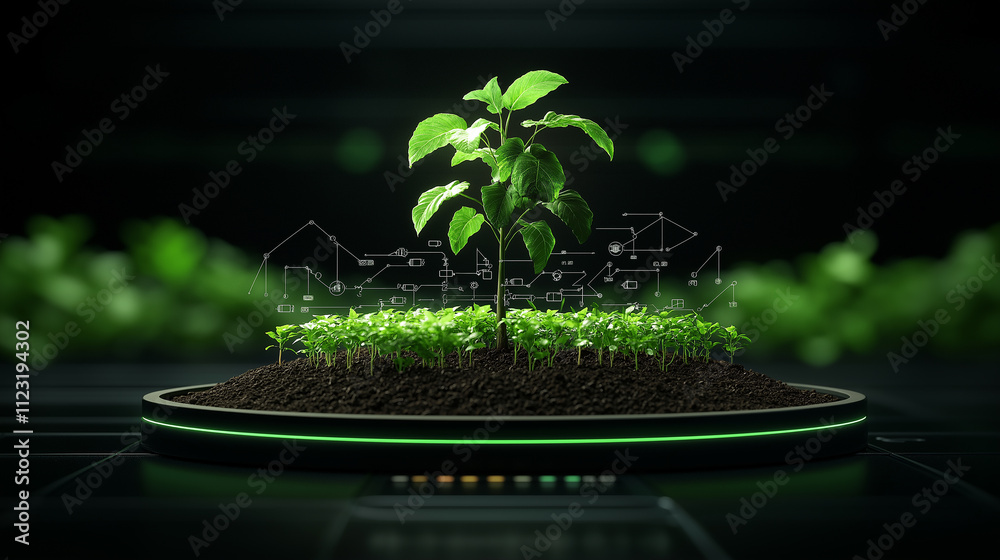 Aufkleber vibrant green plant grows on circular base, surrounded by smaller sprouts, symbolizing smart farming