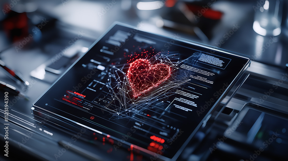 Aufkleber digital tablet displaying 3D heart model with data visualization, symbolizing technology and health innovation. vibrant colors and intricate design evoke sense of modernity and connection