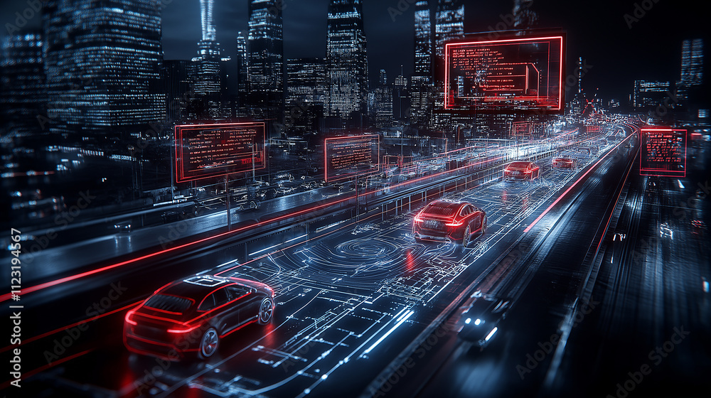 Poster futuristic highway scene featuring illuminated cars and digital displays, showcasing advanced techno