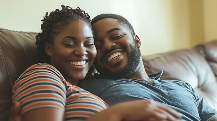 Fototapeta premium A man and woman are laying on a couch, smiling and hugging each other