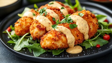 Three golden crispy chicken pieces drizzled with creamy sauce, served on a bed of fresh greens, capturing a delicious and gourmet culinary experience.