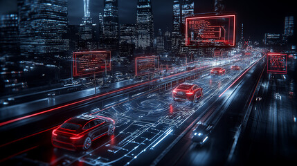 futuristic highway scene featuring illuminated cars and digital displays, showcasing advanced technology and urban life. vibrant red and blue colors create dynamic atmosphere
