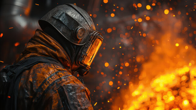 firefighter in protective gear stands against backdrop of flames, showcasing bravery and resilience in dangerous environment