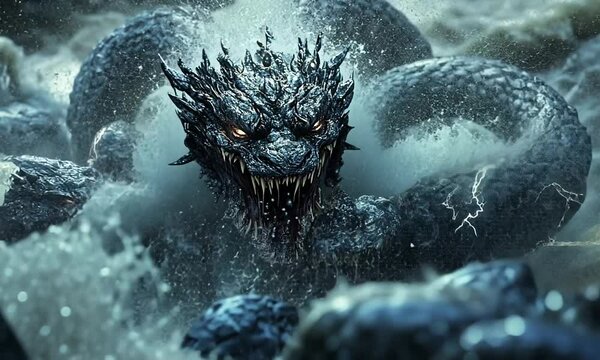 A mythical multi-headed serpent emerging from turbulent waters, showcasing fierce expression.