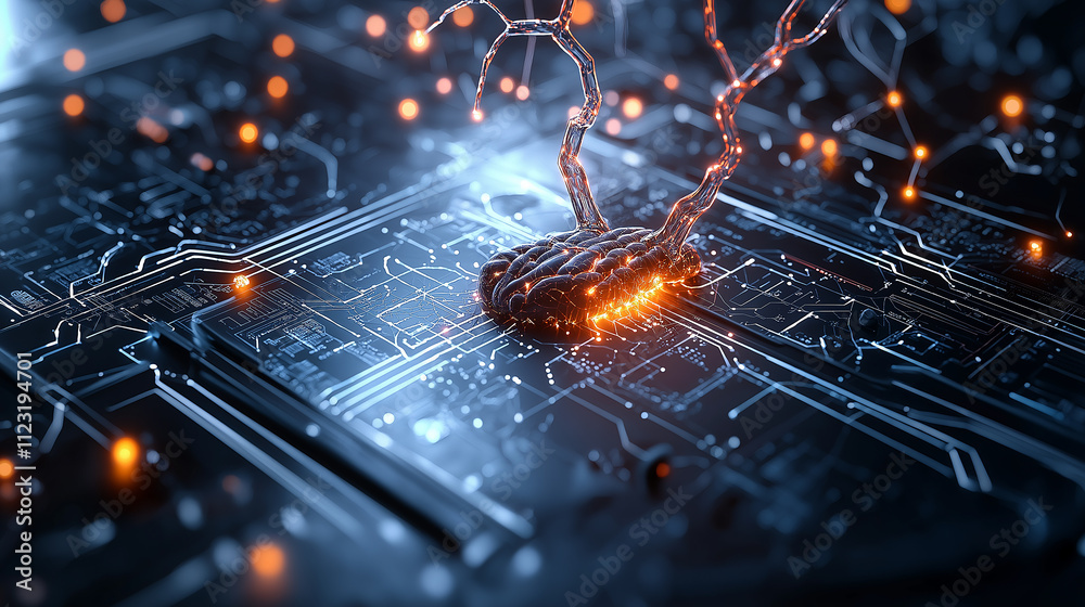 Poster vibrant brain illustration on circuit board, showcasing neural connections and glowing elements, sym