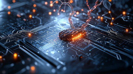 vibrant brain illustration on circuit board, showcasing neural connections and glowing elements, symbolizes advanced technology and intelligence