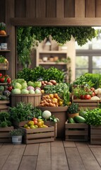 Obraz premium Fresh Organic Produce Display in Market Stall with Wooden Crates and Abundant Vegetables and Herbs