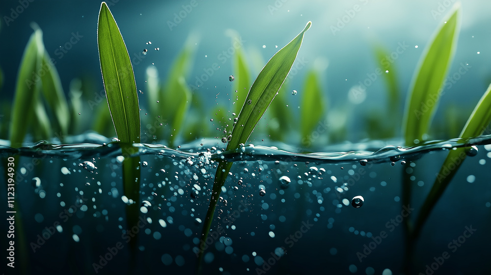 Poster serene wetland ecosystem with green grass blades emerging from water, surrounded by bubbles, creatin