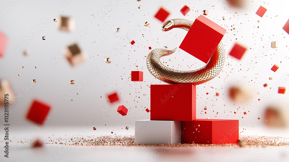Leinwandbilder golden snake coils around colorful cubes, creating dynamic abstract scene. vibrant red and white blo