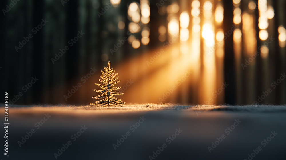 Poster small tree illuminated by sunlight in dense forest, creating serene atmosphere. rays of light filter through trees, enhancing tranquil scene
