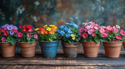 Colorful potted flowers in terracotta pots on rustic wooden surface.