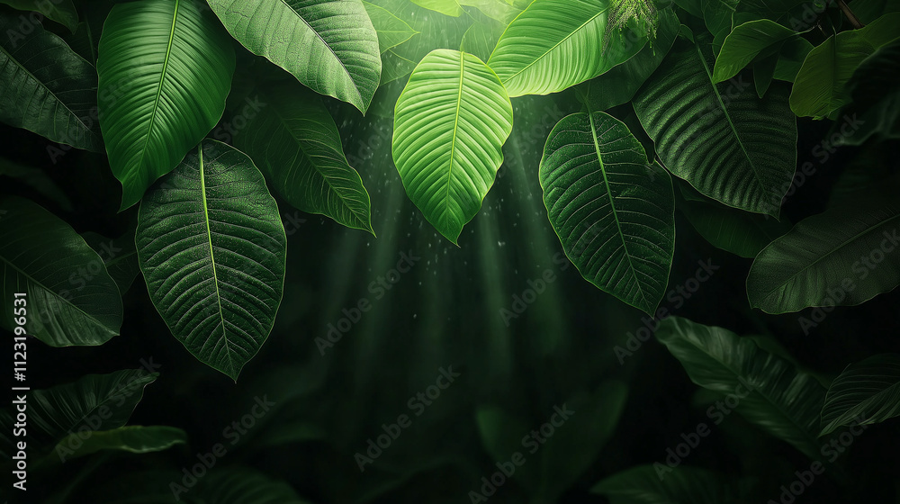 Poster lush green leaves in tropical rainforest canopy with sunlight filtering through, creating serene and