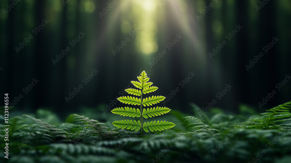 Poster vibrant green fern stands out in lush forest, illuminated by soft sunlight filtering through trees, creating serene and tranquil atmosphere