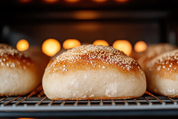 Golden sesame seed buns baking in the oven with warm light, symbolizing delicious homemade bread and tradition