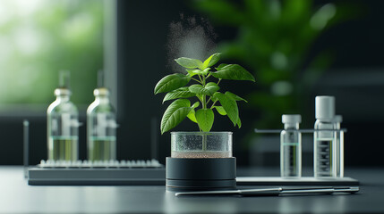 vibrant green plant in glass container sits on laboratory table, surrounded by scientific equipment and glass bottles, showcasing modern experimental setup