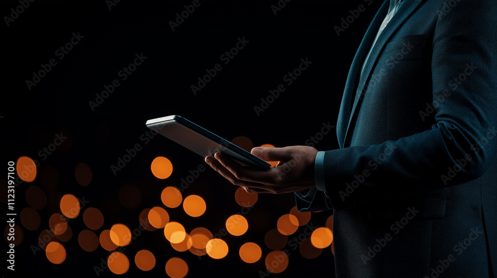 Poster business leader holding tablet in dark setting with bokeh lights. scene conveys professionalism and modern technology