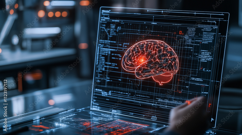 Poster futuristic digital interface displaying glowing brain model, symbolizing advanced memory technology and neuroscience research. scene conveys innovation and scientific exploration