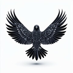 Obraz premium A stylized black bird with expansive wings, featuring intricate feather detailing, poised in flight against a clean background.