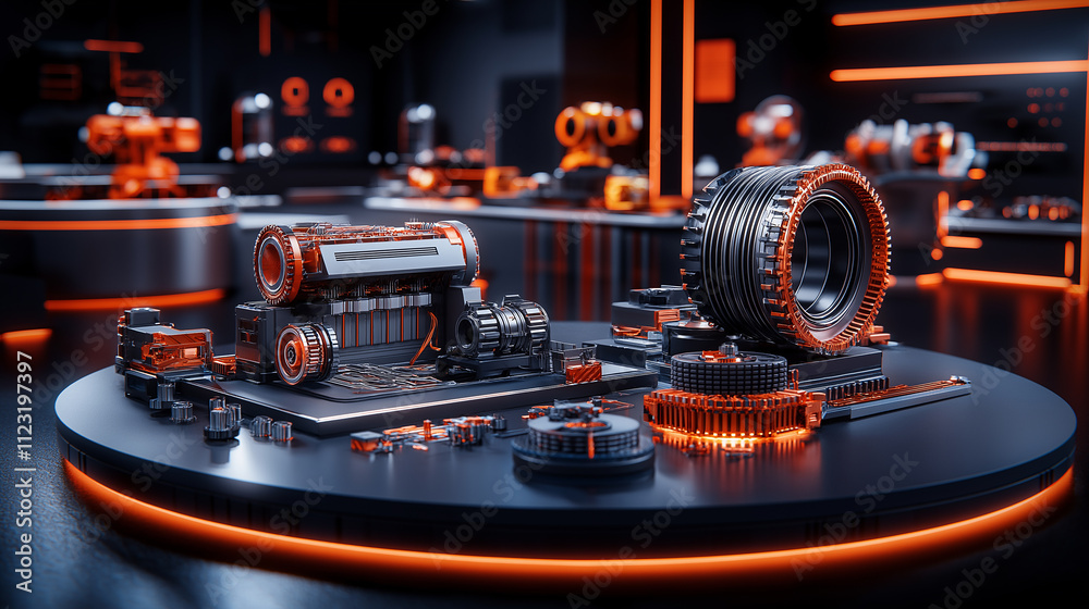 Aufkleber futuristic robotics lab showcasing advanced technology and components, featuring intricate machinery and glowing orange accents. environment is sleek and modern, emphasizing innovation