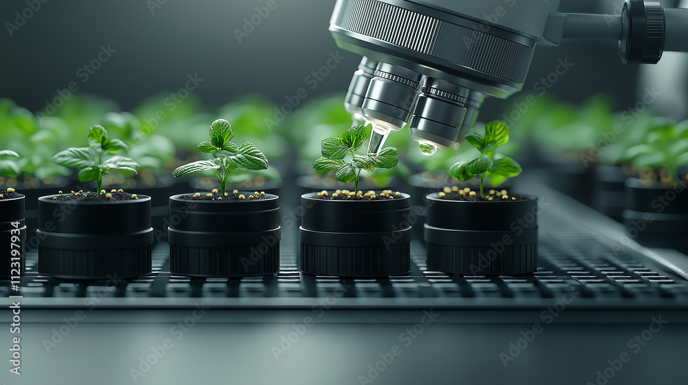 Poster close up view of microscope examining small plants in pots, showcasing scientific research in botany