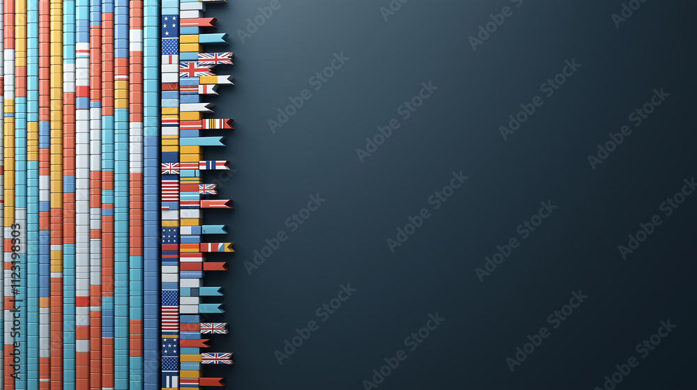 Poster digital illustration of global trade tariffs represented by colorful blocks and flags. this artwork 