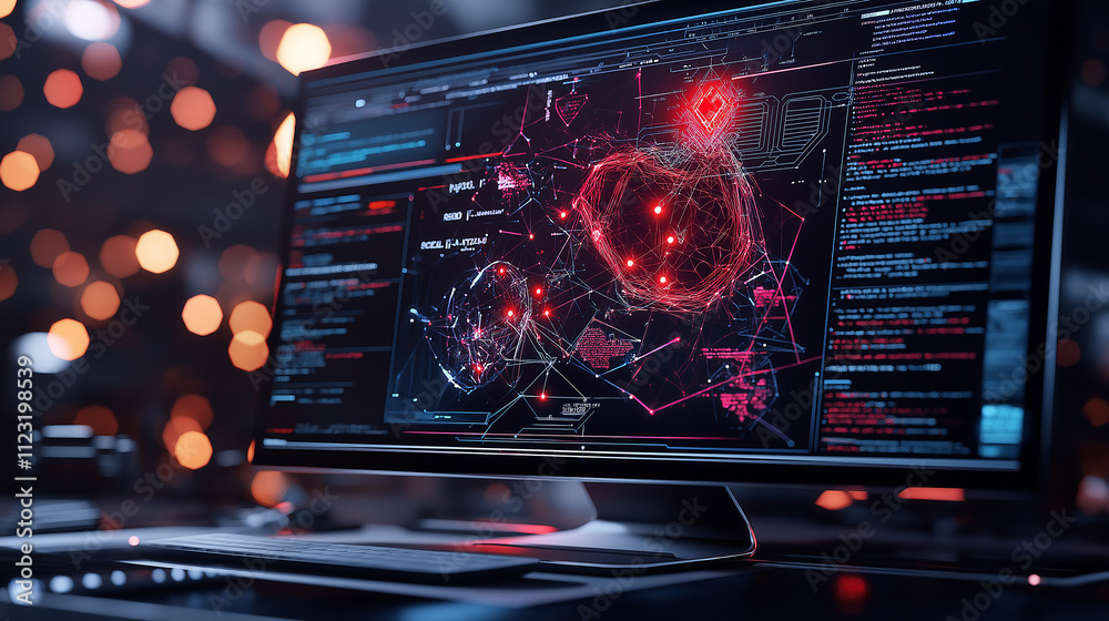 Poster Futuristic digital interface displaying complex data visualizations and networks. vibrant colors and intricate designs create high tech atmosphere, ideal for technology enthusiasts