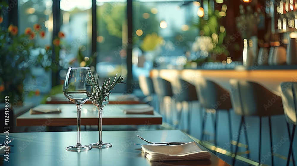 Poster in a restaurant with open plan large windows.