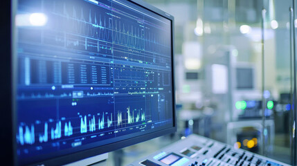 Fototapeta premium Digital audio workstation displaying detailed sound wave analysis and editing tools, showcasing modern technology in music production