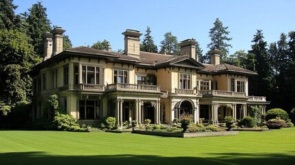 A luxurious mansion with a classic architectural style surrounded by lush greenery, embodying opulence and tranquility in an idyllic setting.