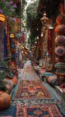 Fototapeta premium Vibrant Oriental Rugs Bazaar Market Colorful Carpets Textiles and Souvenirs