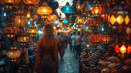 Naklejka premium Woman Exploring Vibrant Night Bazaar Colorful Lanterns Souvenirs Handicrafts