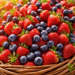 Obraz premium Close up of a juicy strawberry and blueberry mix in a rustic wicker basket, ripe, juicy