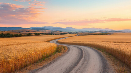 Naklejka premium Winding Road Through Golden Wheat Fields in a Quiet Countryside at Sunset