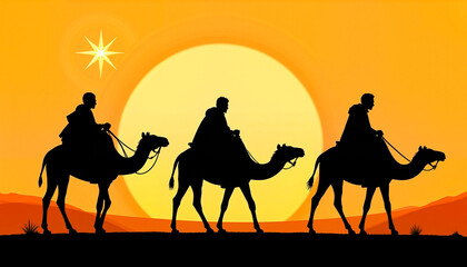 Silhouettes of three camels with riders against a sunset backdrop in a desert landscape, Epiphany, January 6th	
